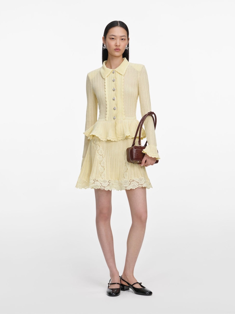 NWOT Self-Portrait Yellow Pointelle Peplum Knit  Mini Dress, Size S/M/L